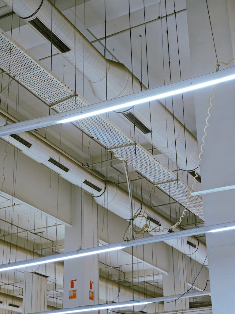 High-angle view of industrial ceiling showing exposed ducts and modern lighting.